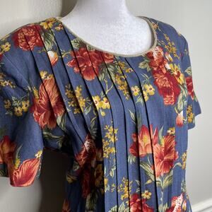 NWT JESSICA HOWARD Blue Floral Linen Blend Pleated Easter Dress 12 XL